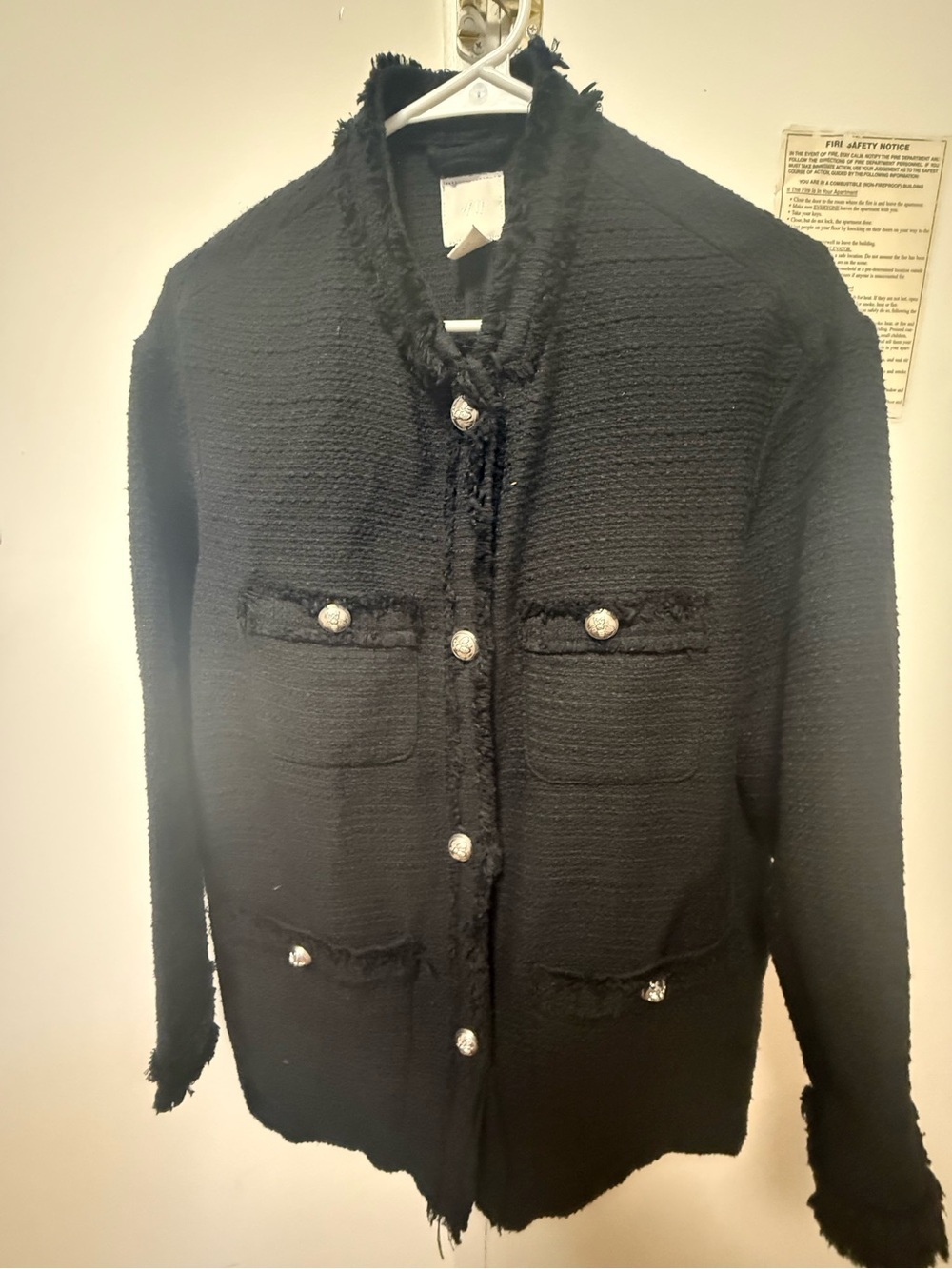 H&M Black Bouclé Frayed-Trim Blazer with Decorative Buttons